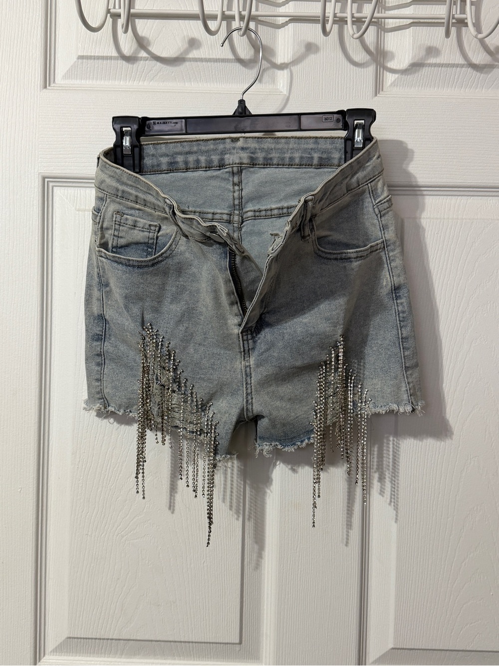 Women's Light Wash Denim Shorts with Rhinestone Fringe